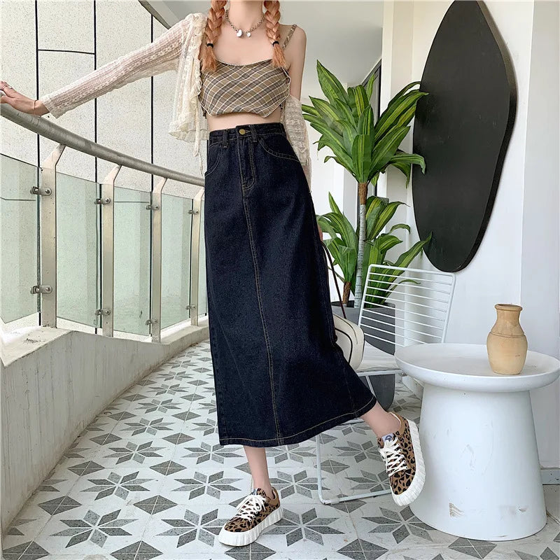 New 2022 Spring-Autumn Medium-Length Denim Skirt For Women High-Waisted Slimming Plus Size Curvy Girls A- Line Hip Covering Skir