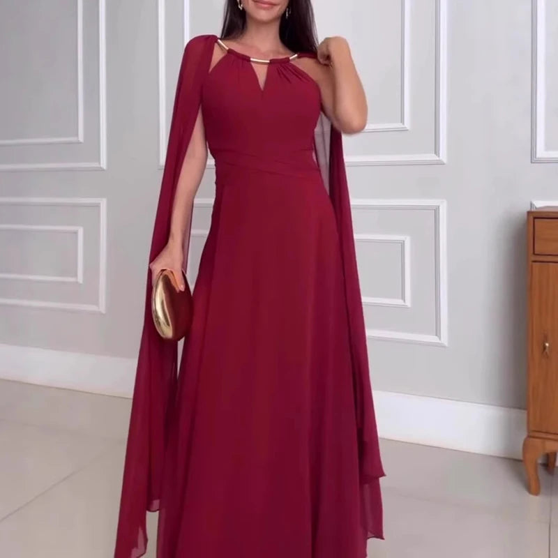 New 2025 Chiffon High Waist Pleated Long Dress Women's Fashion Cocktail Dress Elegant O-neck Flying Sleeves Solid Evening Dress