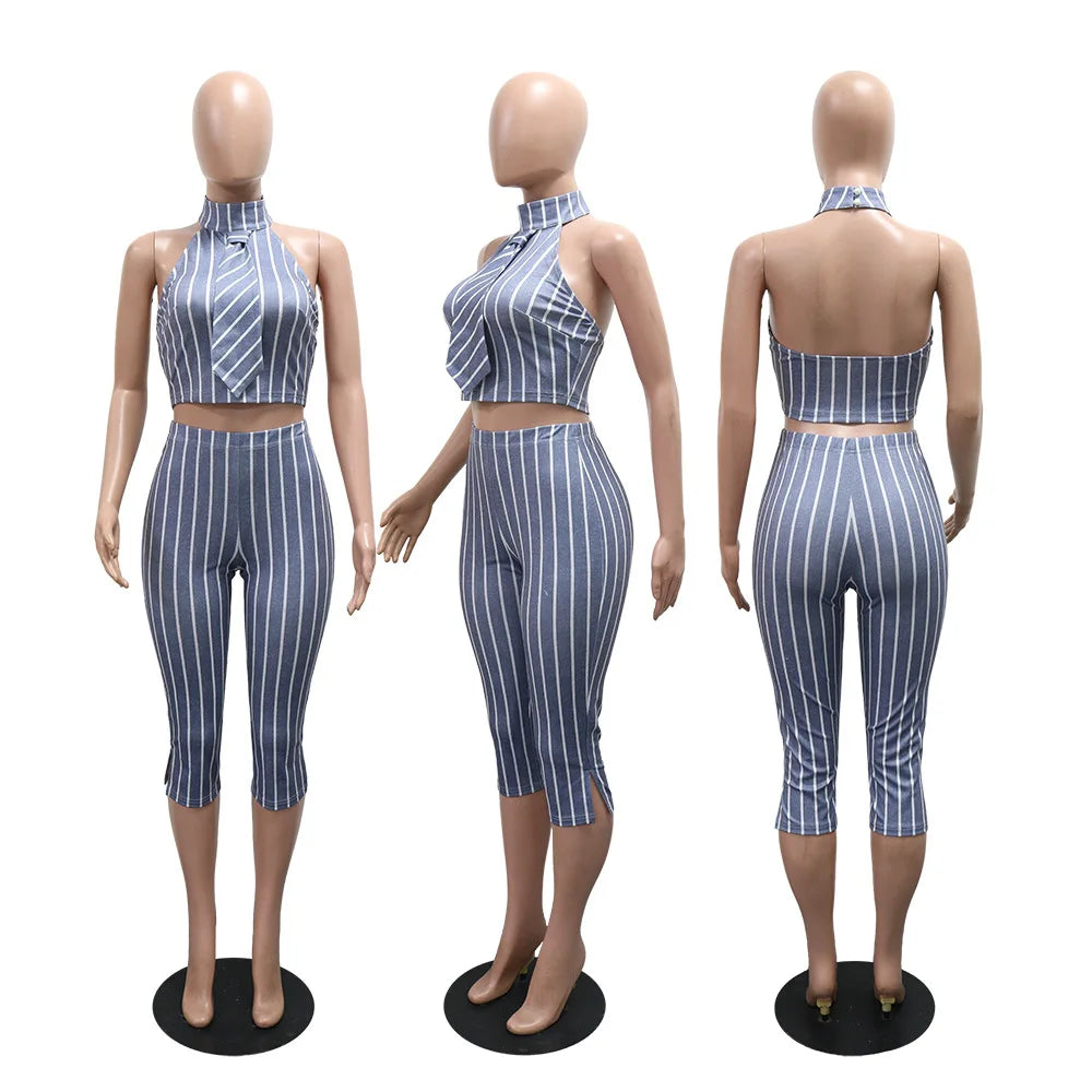 CM.YAYA Striped Printed Women's Set Sleeveless Necktie Tops and Leggings Pants 2025 Sexy Party Two 2 Piece Sets Outfit Tracksuit