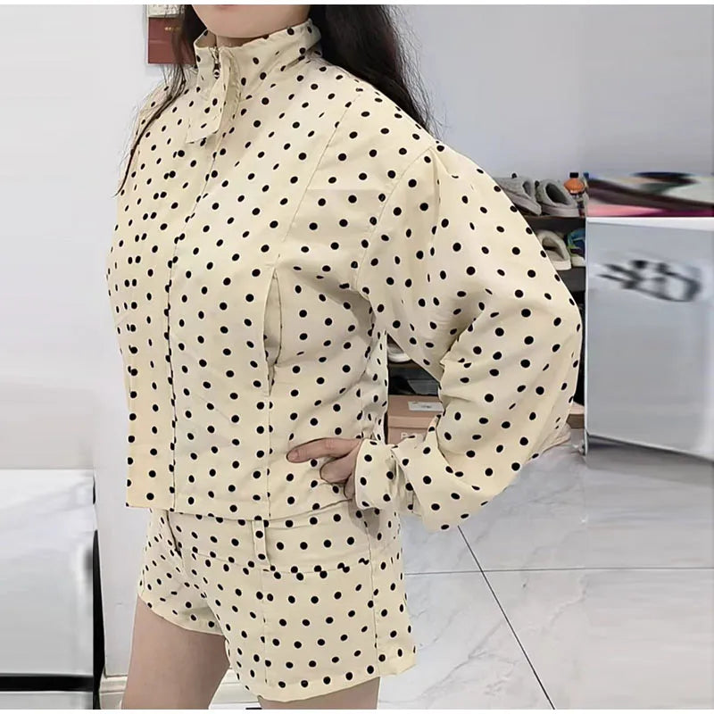 Loose Polka Dot Zipper Women's Shorts Set Stand Collar Patchwork Full Sleeve Pockets Jacket Tie Up Short Pant Suit Summer Outfit