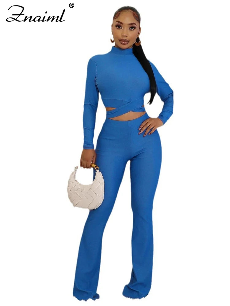 Znaiml Women's Full Sleeve Cross Hollow Out Crop Tops and Flare Pants Set Spring Fall Fitness Sports Blue Two 2 Piece Outfits