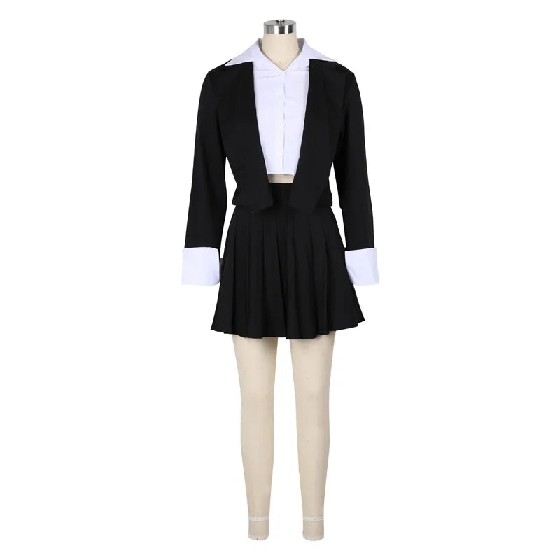 2025 Elegant Workwear 2 Piece Outfit Sets for Women Office Lady Double-breasted Blazer Coat and A-line Pleated Mini Skirt Suits