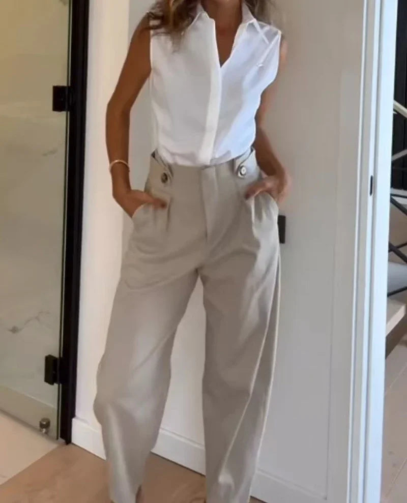 2 Piece Set Women Casual 2025 Spring Lapel Off Shoulder Shirt Tops & Fashion Pocket High Waist Straight Pants suit Streetwear