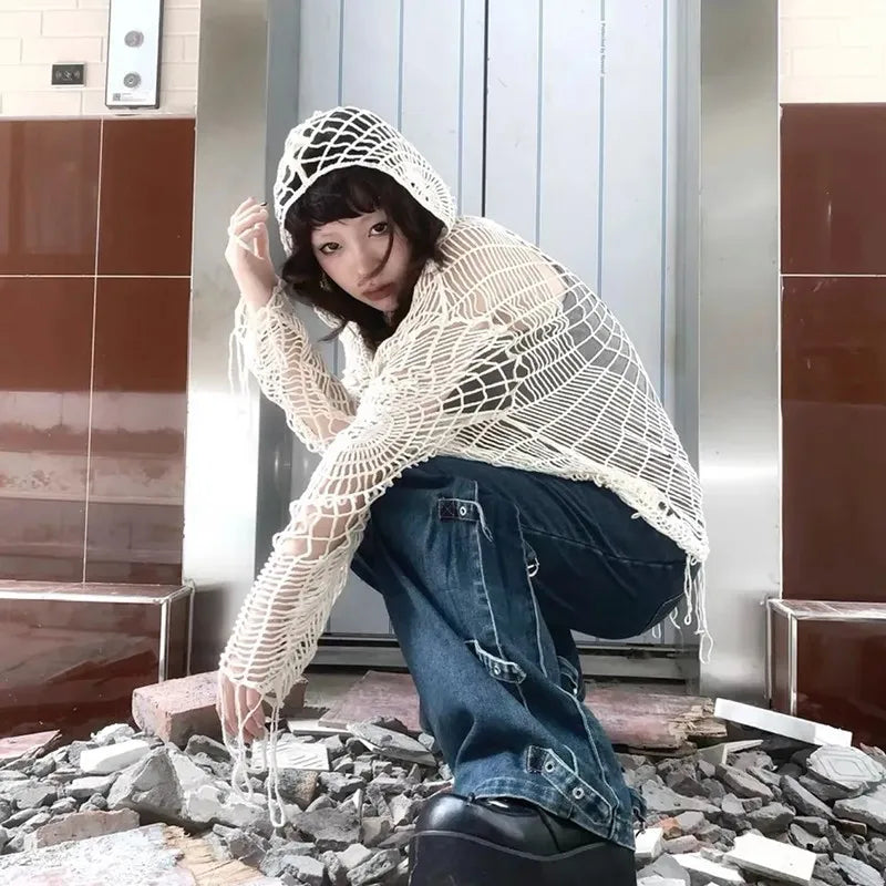 Karrram Japanese Y2k Hollow Out Knitted Top Trashy 2000s Style Spider Web Pullover Vintage Harajuku Hole Hooded Knitwear Grunge