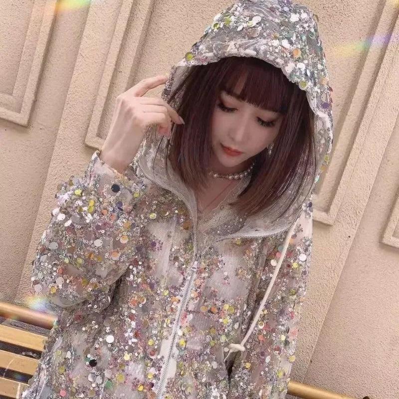 2025 Summer New Sunscreen Clothing Women's Coat Glitter Hollow Out Coat Thin Fashion Long Sleeve Hoodie