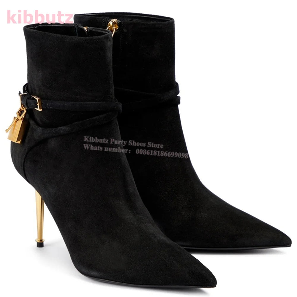 Metal Padlock Key Ankle Boots Genuine Leather Solid Color Pointed Toe Thin Heel Suede Side Zipper Fashion Runway Show Elegant