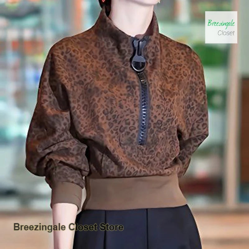 American Leopard print short coat sweater women's autumn and winter new style can wear long-sleeved niche high-grade top.