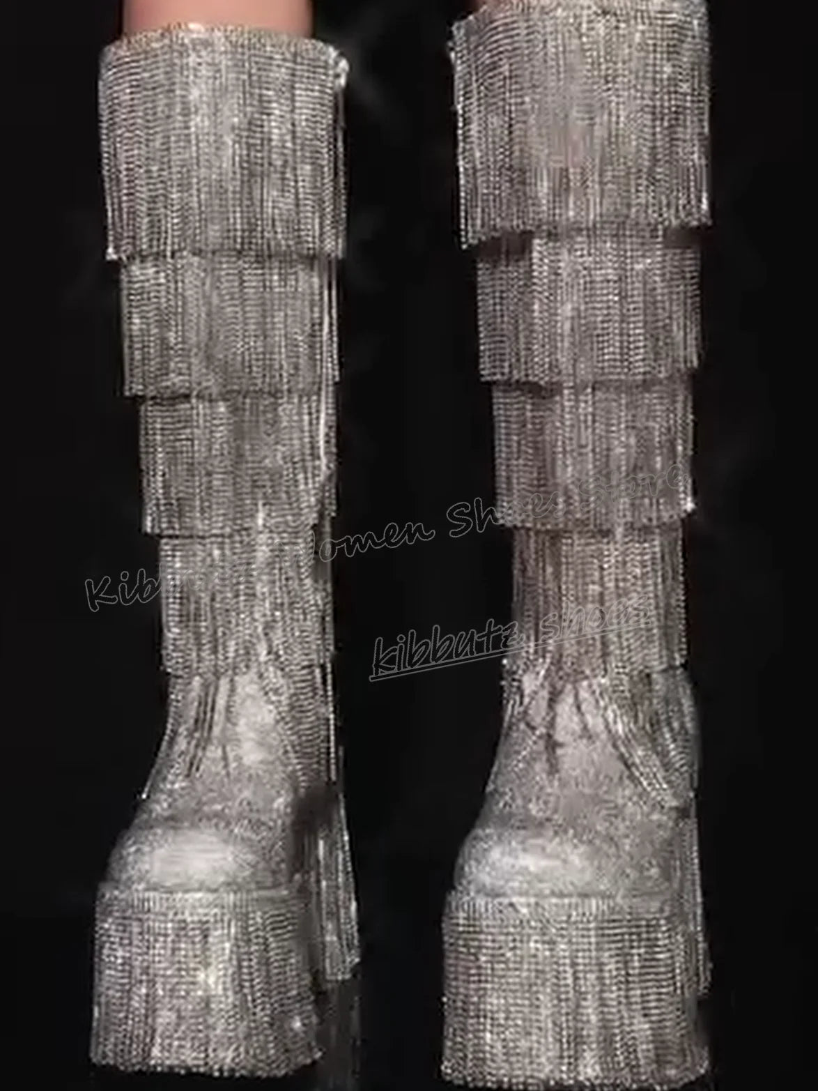Bling Knee High Boots Platform Glossy Round Toe Thick Bottom Zipper Fashion Luxury Elegant Concise Sexy Novelty Women Shoes New