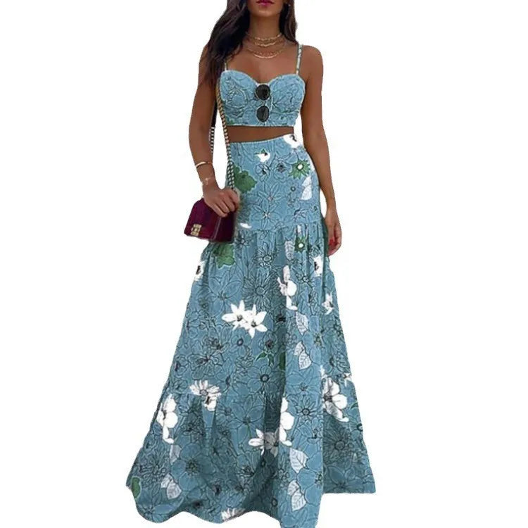 2 Pcs/Set Beach Crop Top Skirt Set Colorful Print Rich Colors Spaghetti Strap Floor Length Sleeveless Lady Tank Top Skirt Suit