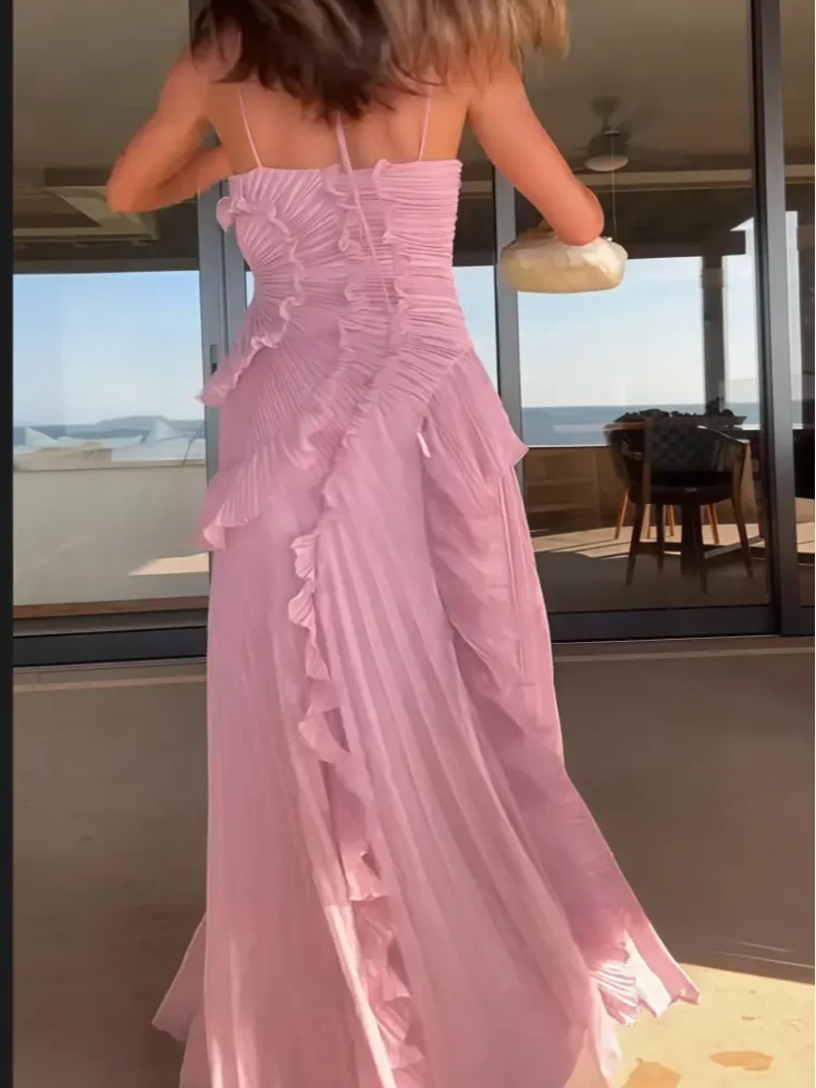 Chic Pleated Halter Neck Long Vacation Dress High Quality Purple Strapless Lotus Edge Maxi Dress 2025 New Lady Vacation Gown