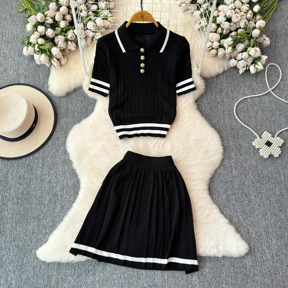 TWOTWINSTYLE Sweet Style Two Piece Set For Women Lapel Short Sleeve Tops High Waist Spliced Folds Skirt Sets Female KSE524900