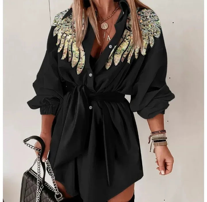 FashionDress Women Sexy New 2024 Autumn Winter Casual Sequin Wings Pattern Turn-Down Collar Tied Detail Elegant Shirt Dresses