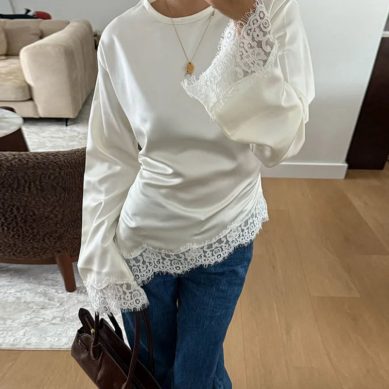 Asymmetric Lace Patchwork Loose Long Sleeve Shirt for Women