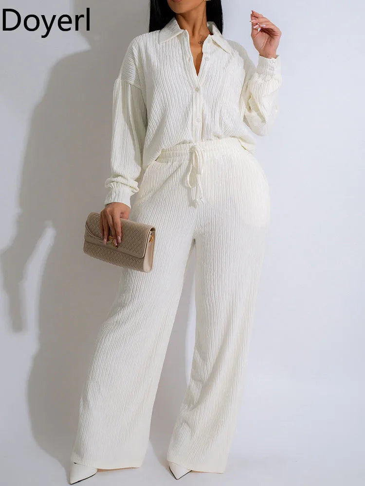 Doyerl Solid Casual Loungewear Sets Woman Two Piece Outfit Loose Fit Long Sleeve Shirt Top and Wide Leg Pants Matching Sets