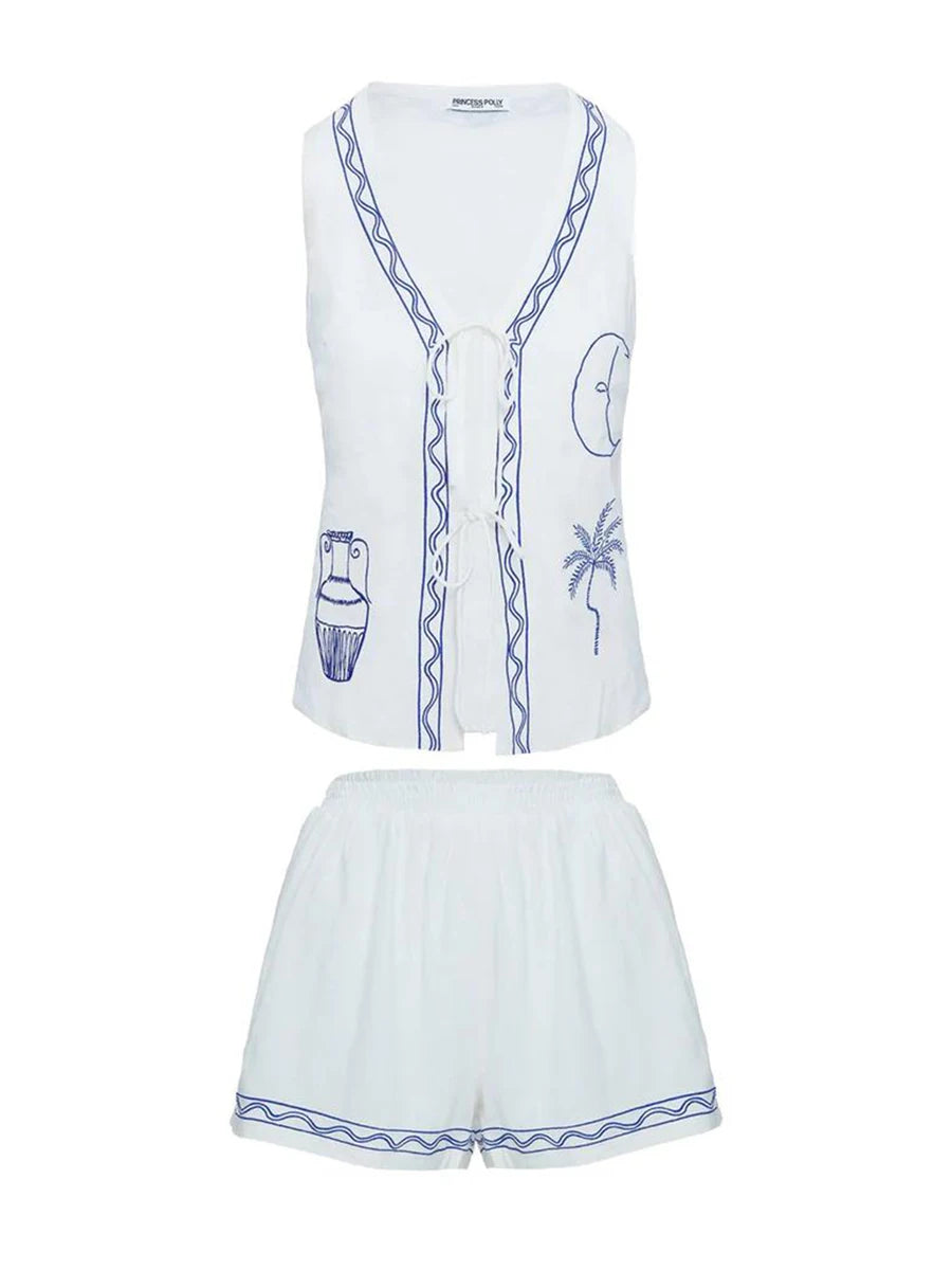 Women 2 Piece Shorts Set Moon Palm Tree Lacing V-Neck Sleeveless Vest Elastic Waistband Shorts Loungewear Outfits for Daily Life