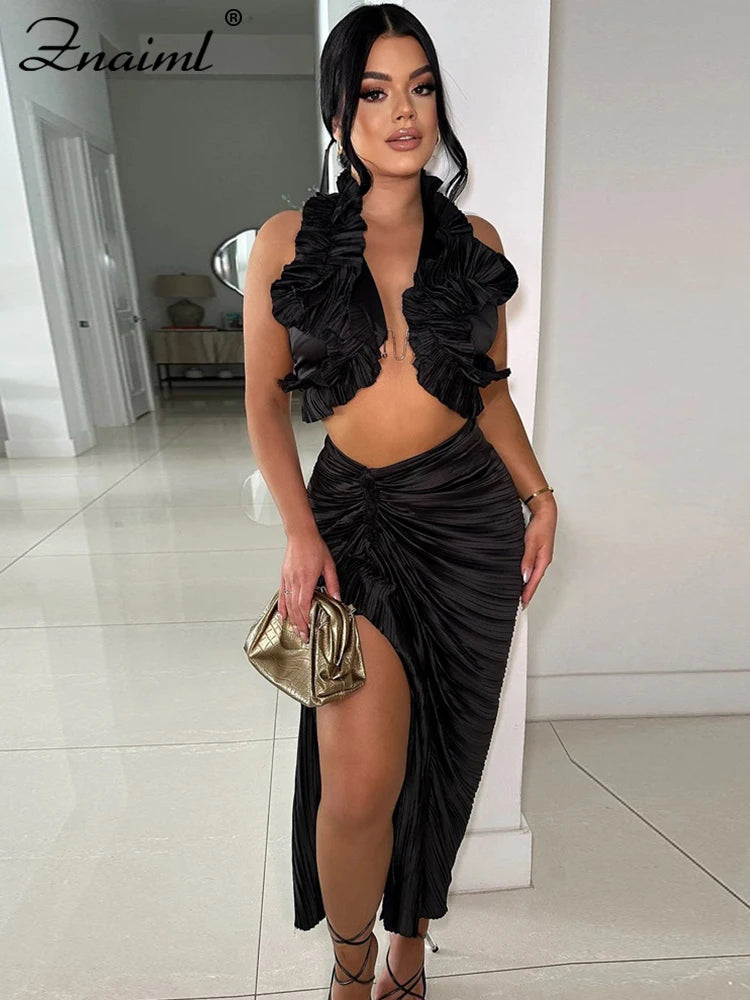 Znaiml Prom Gowns Formal Pleated Two 2 Pieces Women Crop Top and High Slit Skirt Set Ruffles Sexy Night Club Outfits Birthday