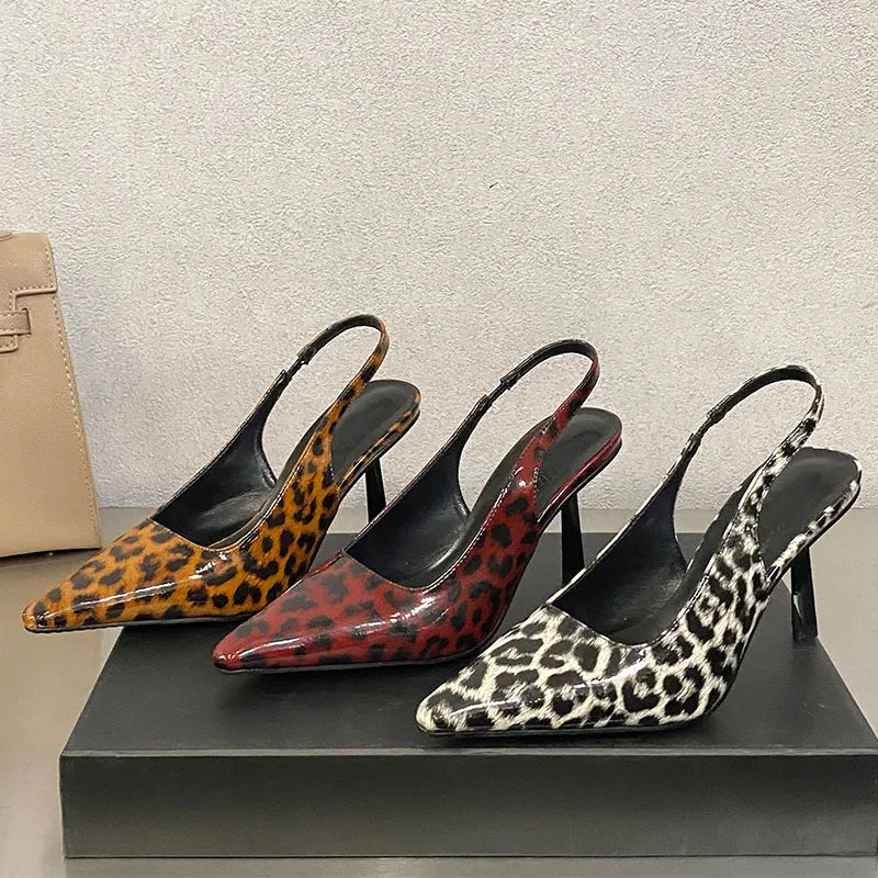 Fashion Pointed Toe Ladies High Heels Sandals Shoes Female Slip On Footwear Leopard Print Women Heeled Sandals Shoes Pumps