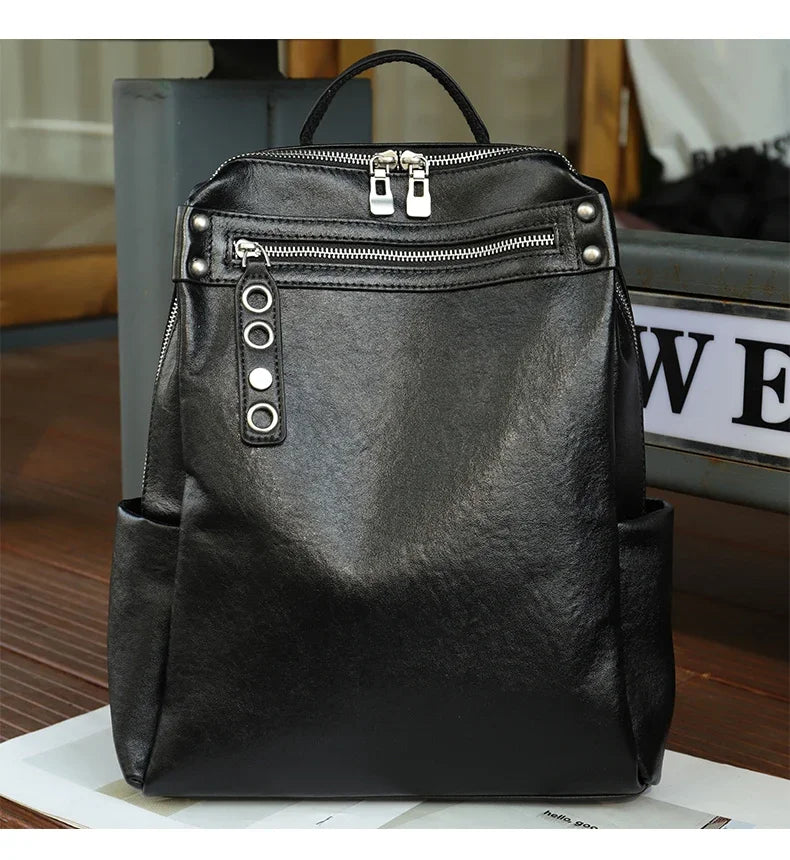 Women's Natural Cow Leather Backpacks Lady Cowhide Design Large Capacity Bags Female Retro Fashion Versatile Backpacks Ladies