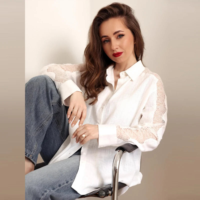 Elegant Lace Patchwork Long Sleeve Top With Turn Down Collar for Women