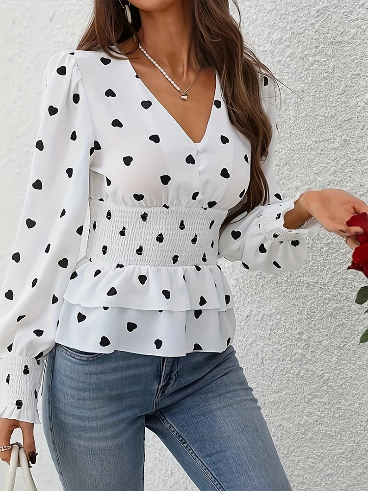 Elegant V-Neck Women's Shirt Spring Summer Fashion Waist-Cinched Long Sleeve Heart Patterned Classy Top