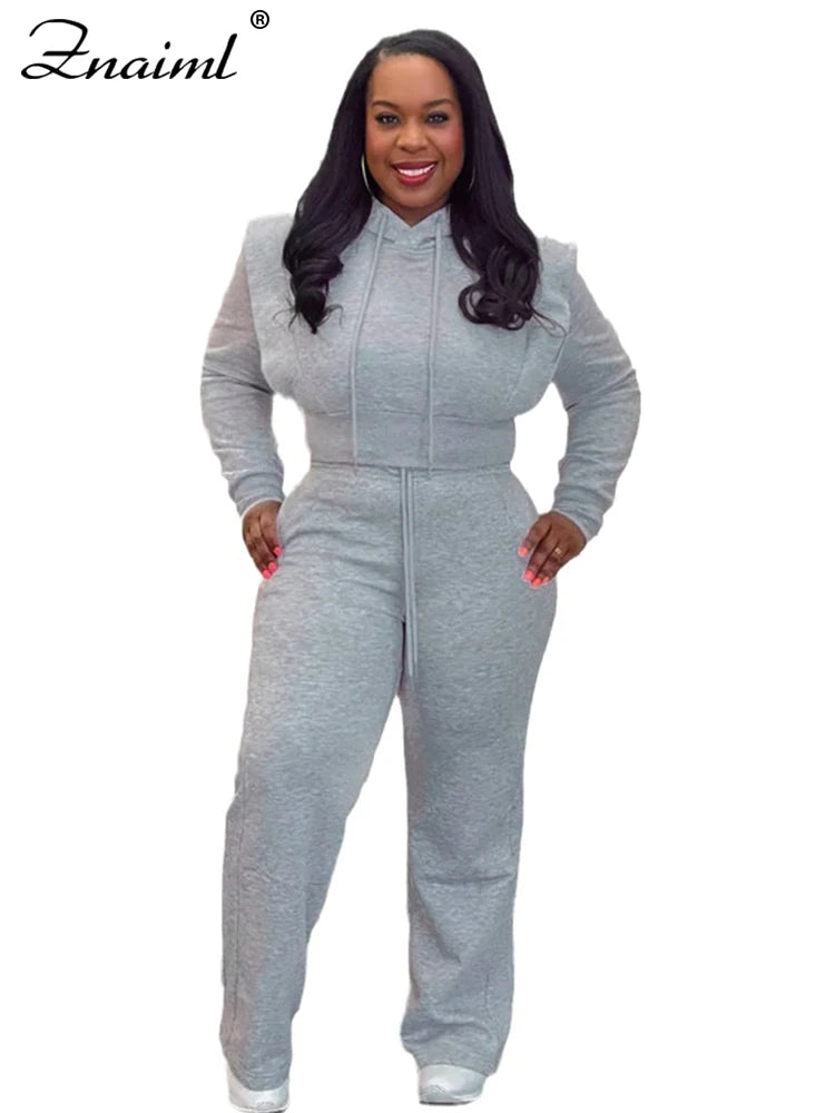 Znaiml Gray Outfit Women Sport Two 2 Piece Winter Sweatshirt Hoodies Tops and Wide Leg Pants Tracksuit Streetwear Sportsuit 2025