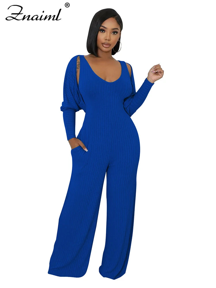 Znaiml Blue Knitted Ribber Wide Leg Pants Jumpsuits and Crop Coat Tops Two 2 Piece Women Sets Autumn Streetwear Birthday Outfits