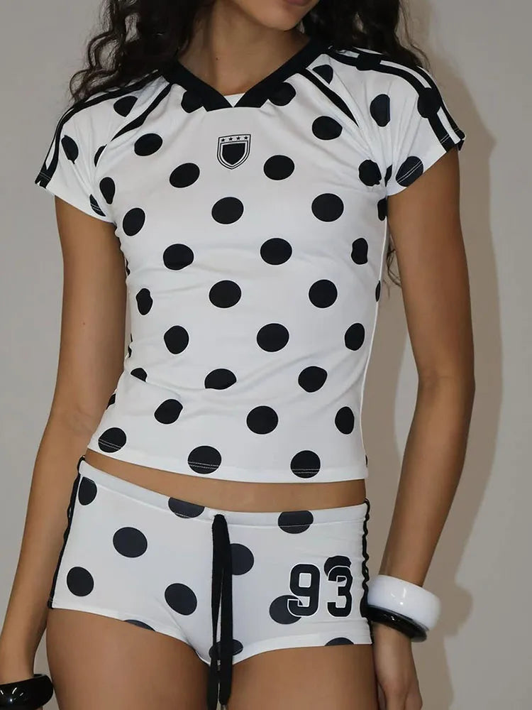 Weird Puss Dot Digit Print 2 Piece Set Women Casual Sporty Hipster Crop Tops+Shorts Matching Streetwear Skinny Stretch Tracksuit