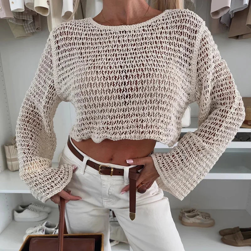 New Summer Beach Holiday Sunscreen Cover Up Blouses Sexy Long Sleeved Solid Pullover Casual O Neck Hollow Out Knitted Slim Tops