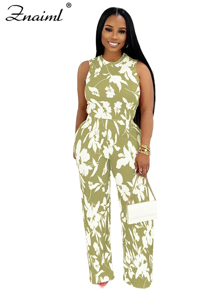 Znaiml Elegant Vacation Flowers Print O-Neck Tank Tops and Straight Wide Leg Pants 2 Pieces Women Sets Summer Birthday Outfits