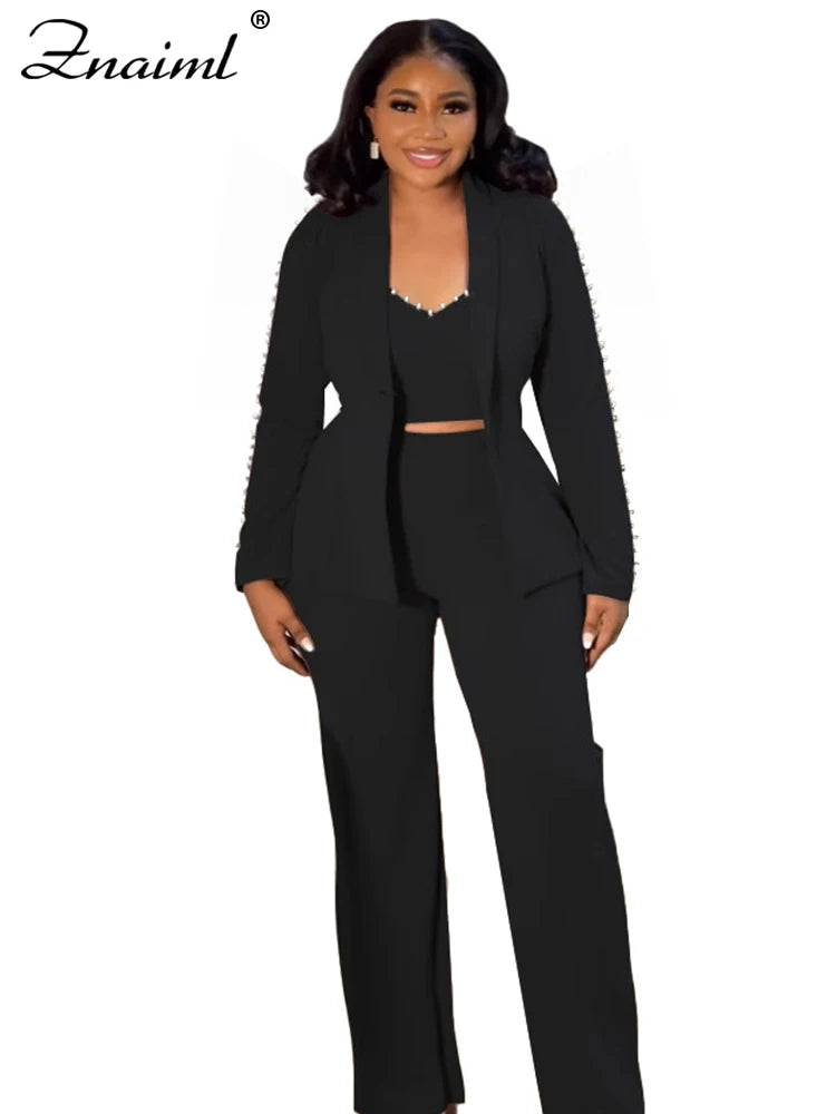 Znaiml Elegant Office Lady Pearl Patchwork 3 Pieces Set Woman‘s Long Sleeves Coat + Vest + Straight Pants Work Matching Outfits