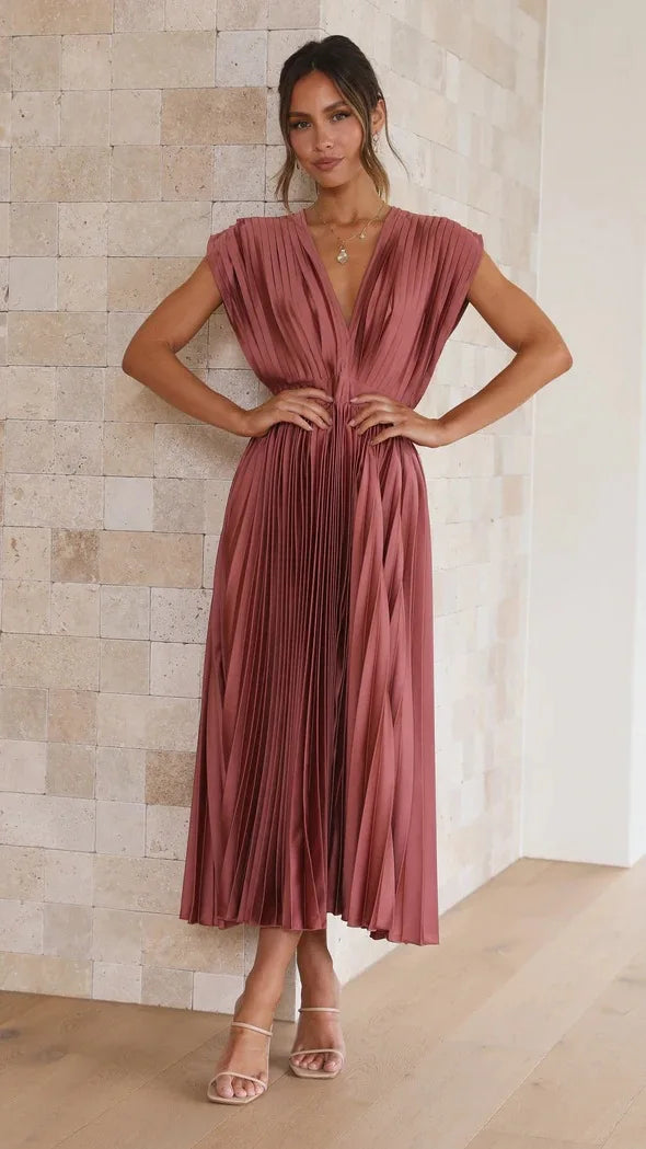 Elegance Draped V-Neck Pleated Skirt Dress 2025 Women Solid Strapless Backless Patchwork Loungewear Simple Maxi Dress