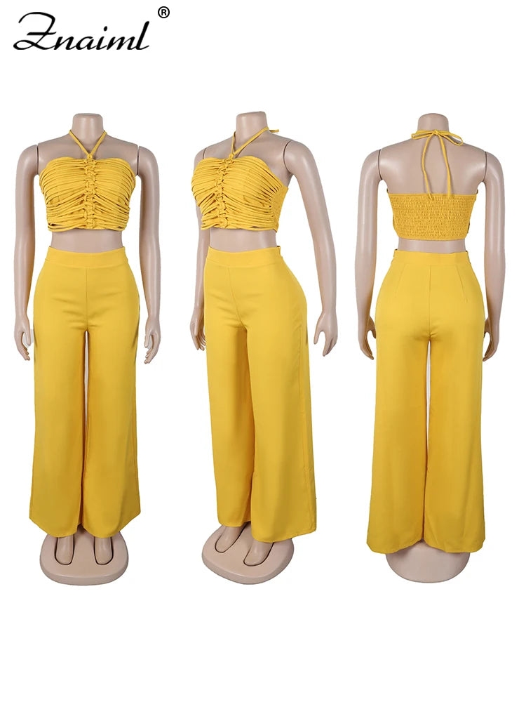 Znaiml Halter Sleeveless Ruched Crop Top and Wide Leg Pants 2 Piece Sets Woman Summer Sexy Beach Paarty Night Club Outfit 2025