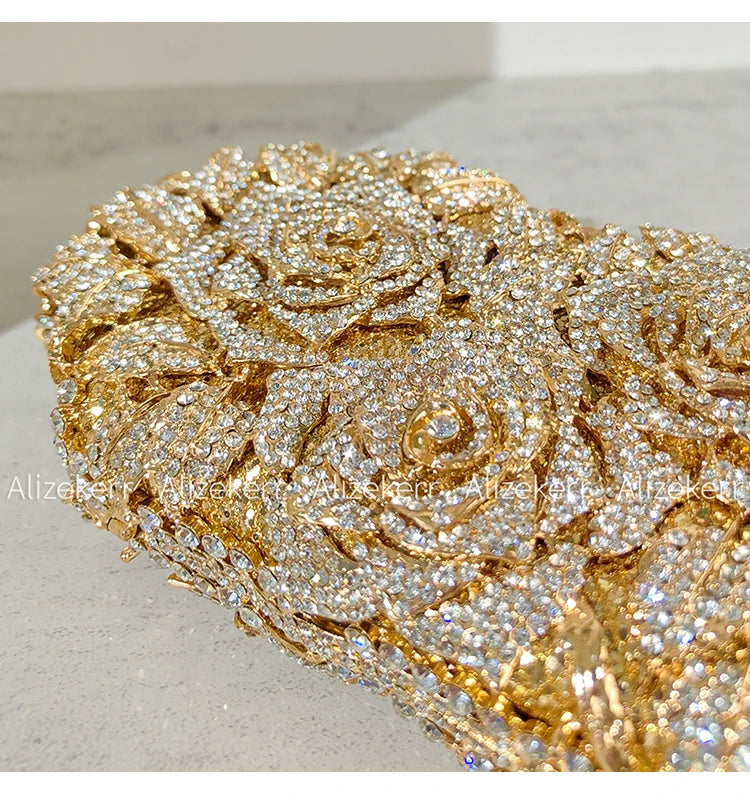 Alizekerr Rose Crystal Evening Clutch Bags Women New Luxury Boutique Sparkling Diamond Flower Purses And Handbags Wedding Party