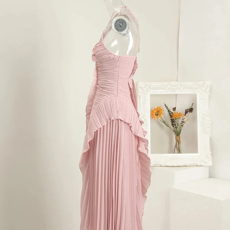 Chic Pleated Halter Neck Long Vacation Dress High Quality Purple Strapless Lotus Edge Maxi Dress 2025 New Lady Vacation Gown