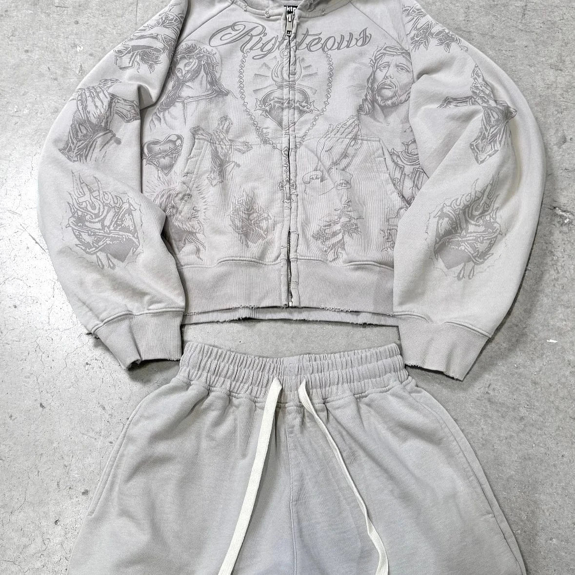 Tatted Believer Cropped Zip Up Sweatshirt and Sweatpants 2-piece Set Y2k Harajuku Men Women Tracksuit Hoodie Running Pants Suit