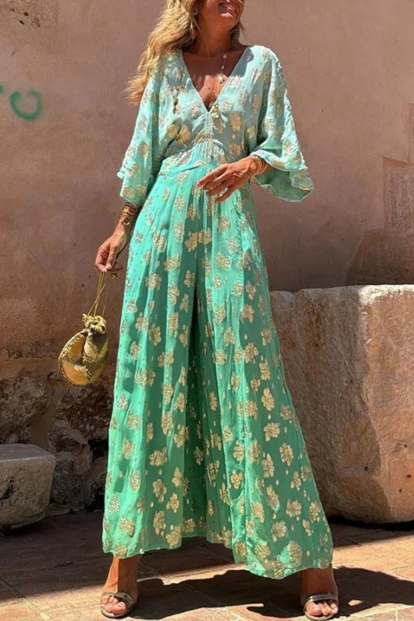 Gradient Print V Neck Backless Lace Up Jumpsuit for Women