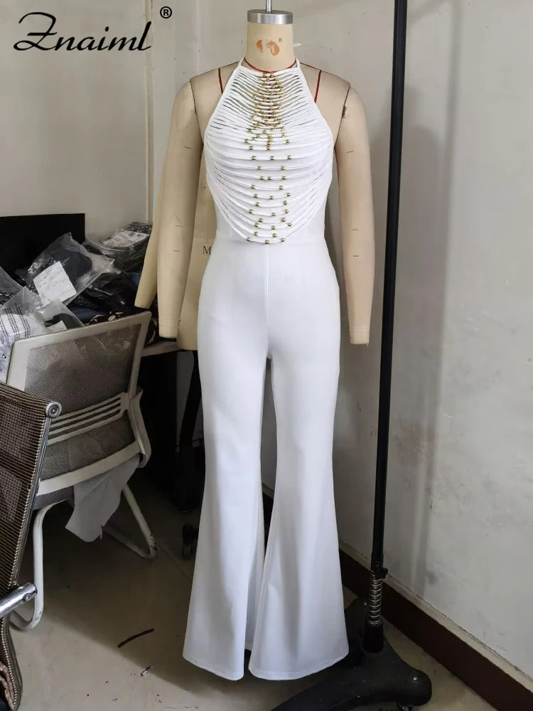 Znaiml Elegant Long Jumpsuits for Women Summer Sleeveless Halter Lace Up Backless Bandage Wide Leg Pants Rompers One Pieces 2025