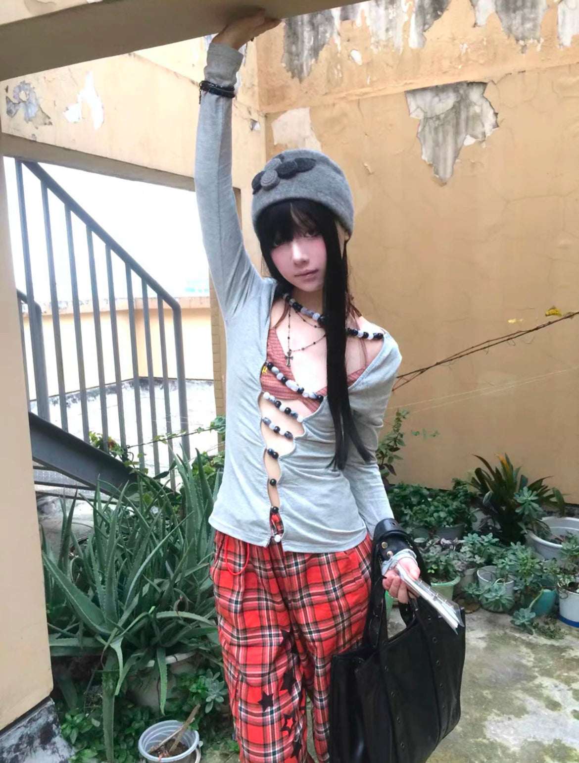 Karrram Japanese Y2k Hollow Out T-shirt 2000s Aesthetics Long Sleeve Beaded Tops Vintage Harajuku Sexy Streetwear American Retro