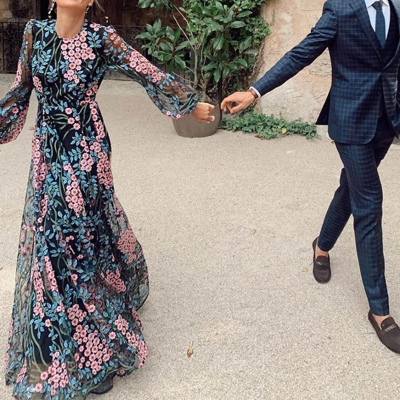 Sexy Backless Bohemian Evening Dress Spring Mesh Long Sleeve Party Dresses Vintage Chic Women O Neck Floral Print Dress Vestidos