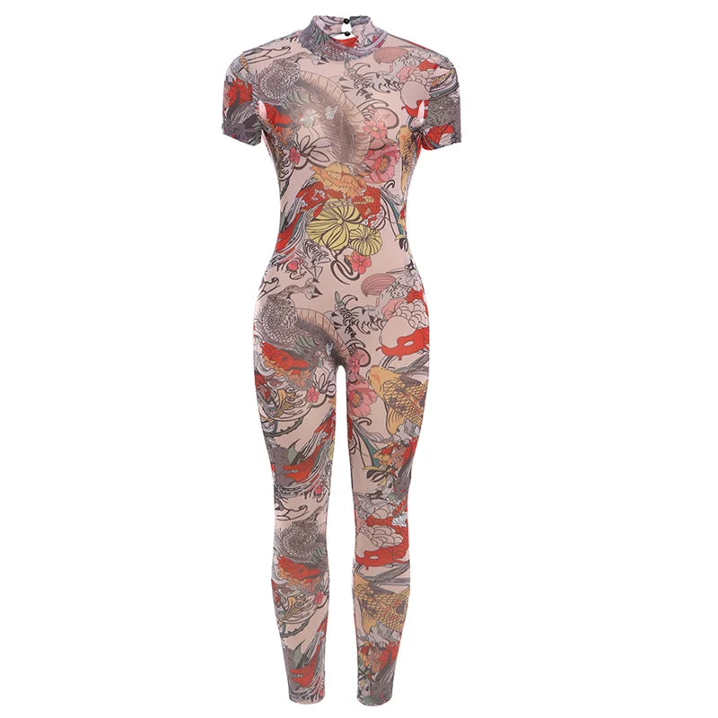 Weird Puss Serpentine Jumpsuit Women See Through Backless Short Sleeve Sexy Fit Summer Workout Overalls Stretch Button Clubwear