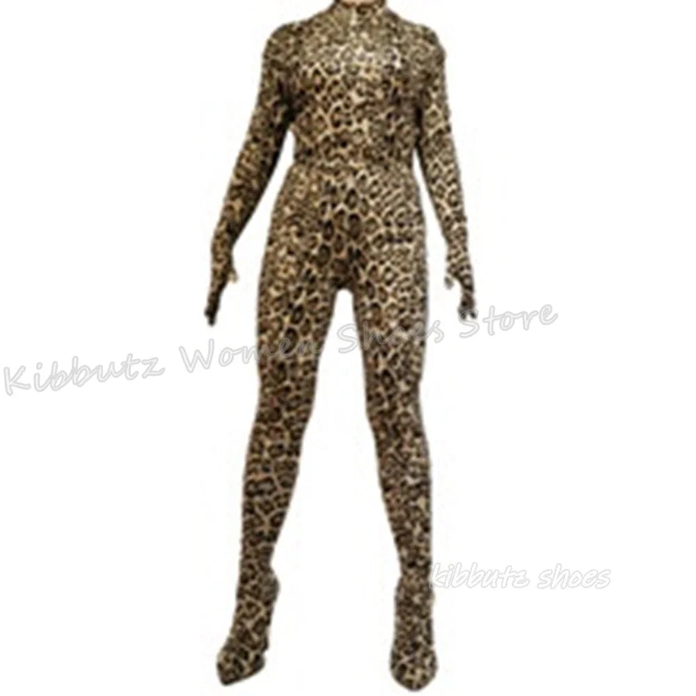 Leopard Pant Boots Over The Knee Luxury Leather Mixed Color Sexy Novelty Fashion Women Shoes Clothes Pointed Toe Thin Heel New