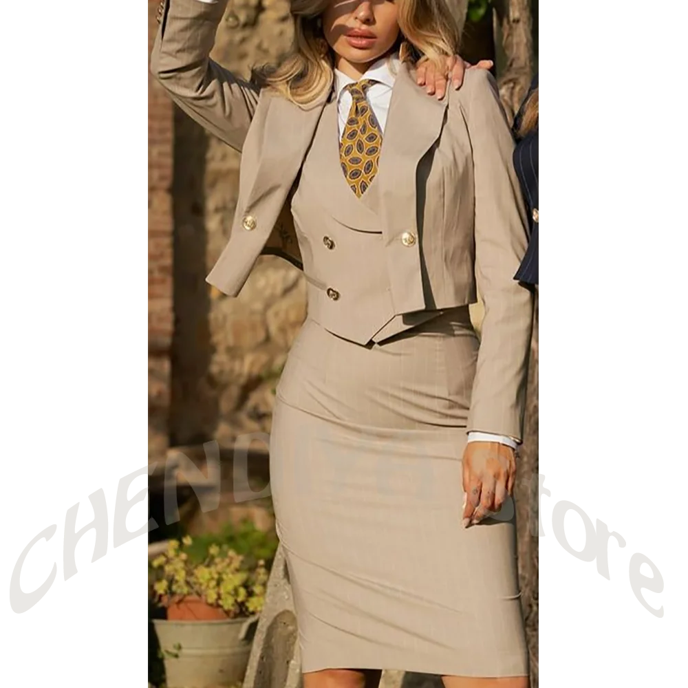 Chic Striped Suit 3 Pieces Office Work Formal Outfit Peak Lapel Slim High Quality Business Casual Women's Tailoring Set