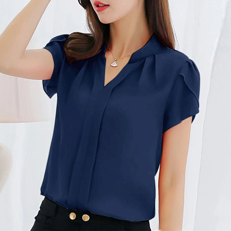 ZANZEA Formal Office V-neck Blusas Women Chiffon Blouses Elegant Ruffles Short Sleeve Tops 2024 Summer Solid Pleating Shirts