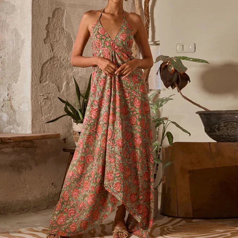 Fashion Hollow Out Backless Party Dress Bohemian Sleeveless Suspender Sexy Dress Vintage Floral Print Halter Women's Long Dress