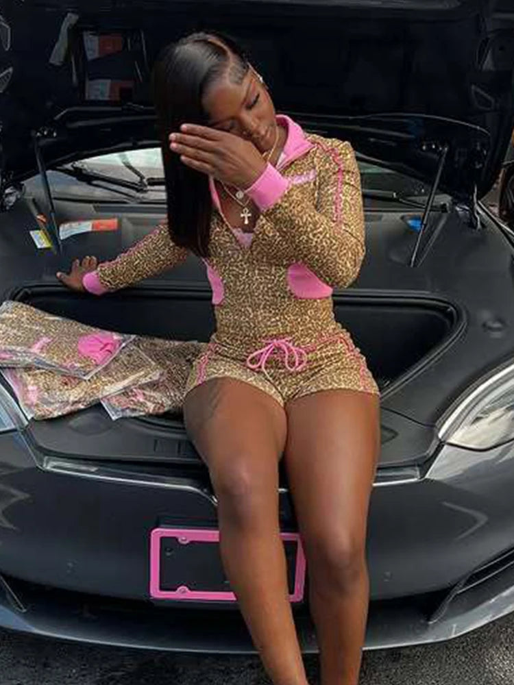 Weird Puss Casual Women 2 Piece Set  Tracksuit Leopard Print Patchwork Zip Crop Jacket+Shorts Sporty Stretch Streetwear Outfits