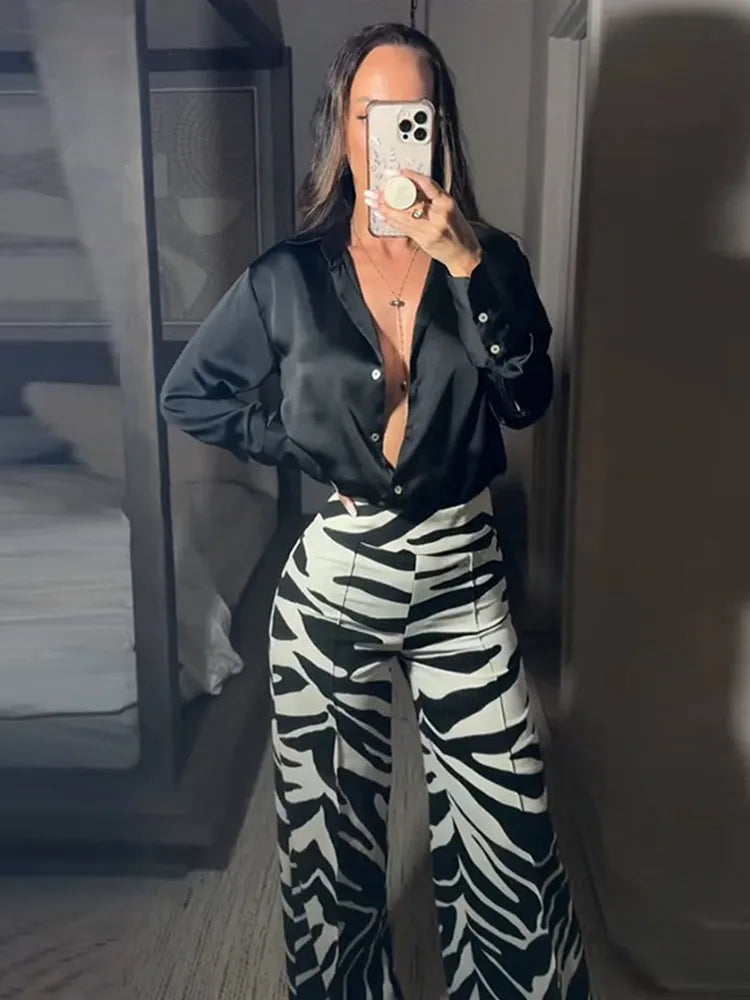 Zebra Print Wide Leg Women Pants High Waisted Stretch Fit 2025 Autumn Fashion Elegant Casual Bottoms Office Chic Lady Trousers