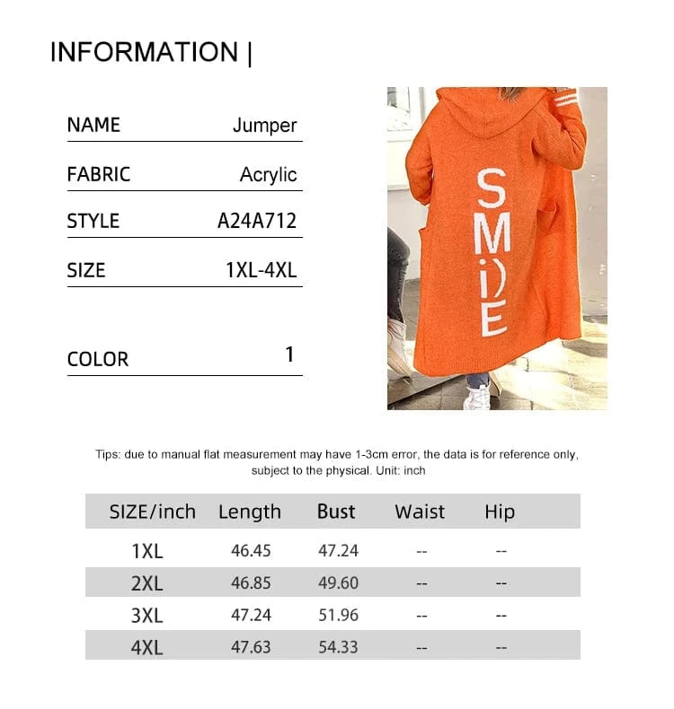 plus Size Monogrammed Back Oversized Loose Knit Cardigan Women's Sweater Jacket with Pockets Best for Autumn Winter
