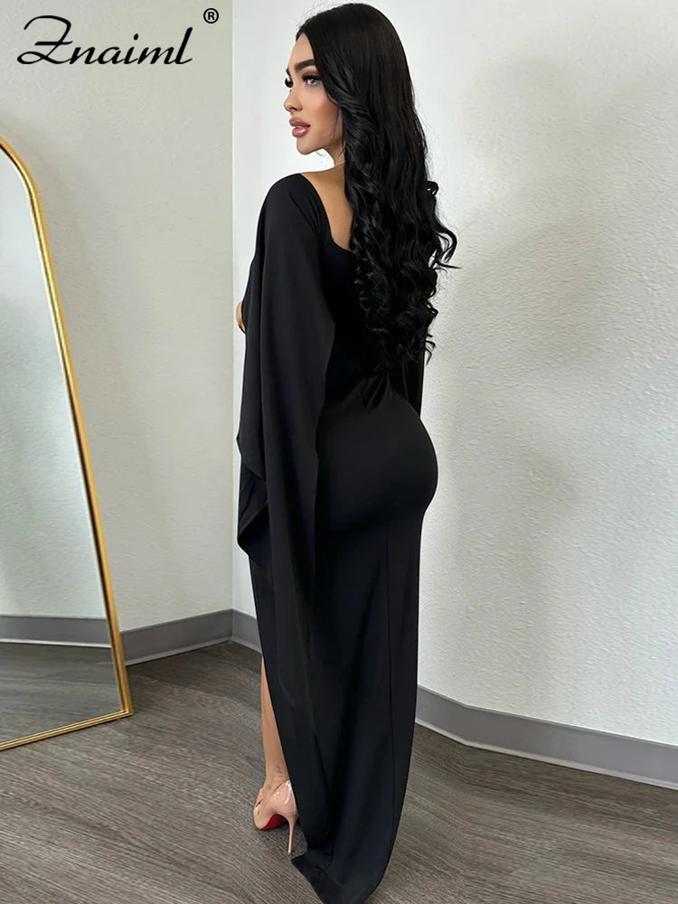 Znaiml Elegant Flare Sleeve Celebrity Nightclub Maxi Long Dresses for Women Sexy High Split Evening Party Prom Birthday Vestidos