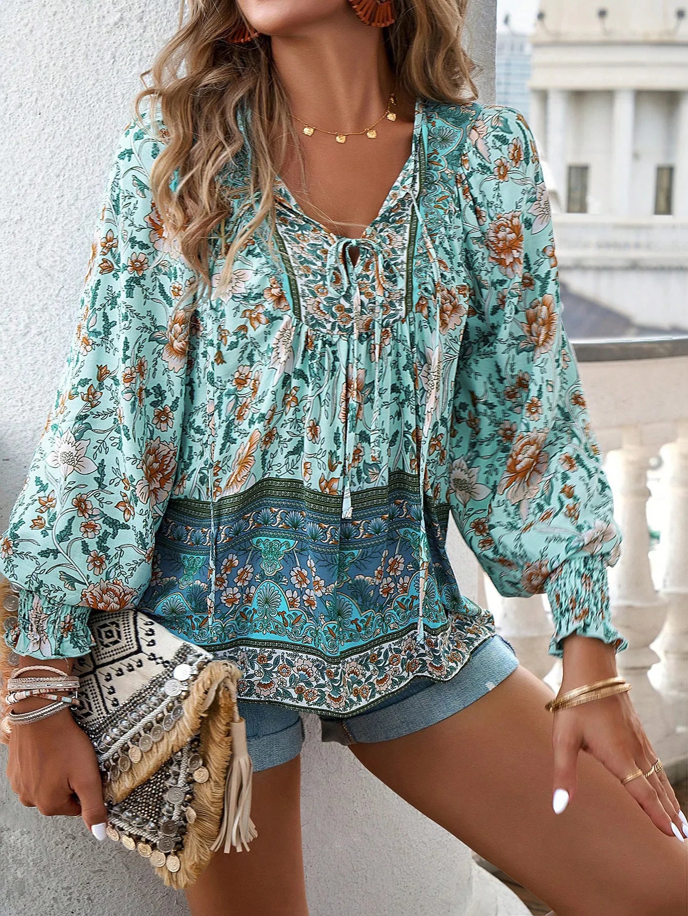 2025 Spring Summer Printed Shirt Women Elegant Chiffon V-neck Long-sleeve Top