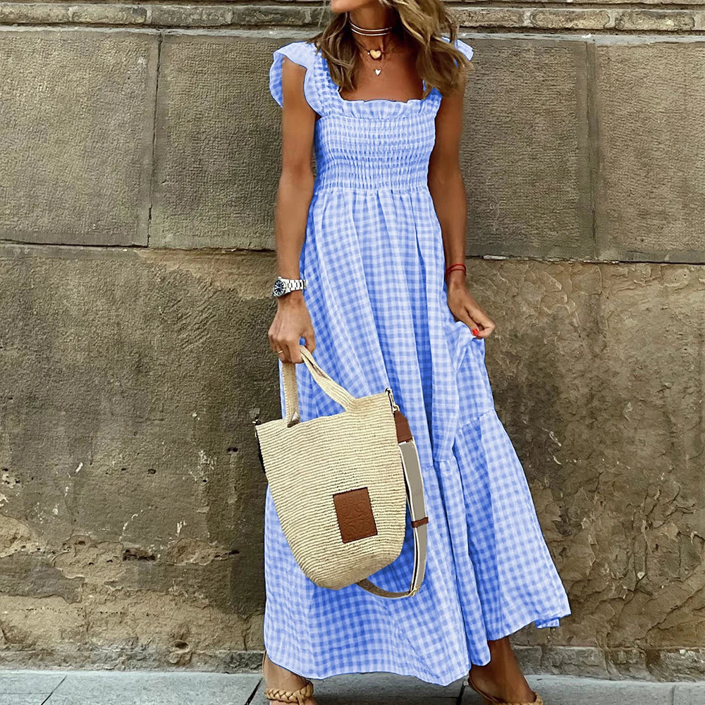 Women's Check Plaid Sleeveless Square Neck A-Line Maxi Dress Summer Ladies Casual Vacation Holiday Beach Sundress Size S-2XL